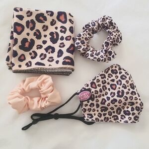 Kids Set: Scarf / Bandana, Face Mask, (2) Hair Scrunchies. Leopard Print & Peach